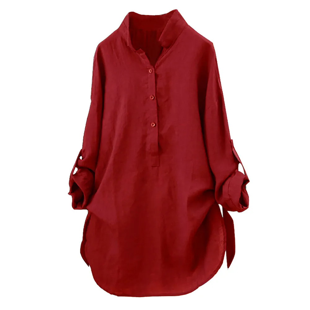 New Women Tops Blouses Autumn Loose Button Long Sleeve Long Shirt Dress Blouse Plus Size Casual Solid Cotton Tunic Tops Blusas