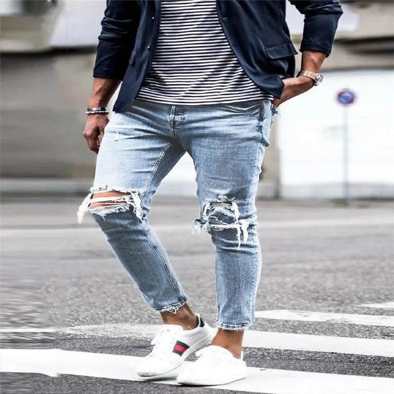 

Mens Hole Jeans Solid Color Hip Hop Streetwear Fashion Designer Pencil Pants Homme Clothing