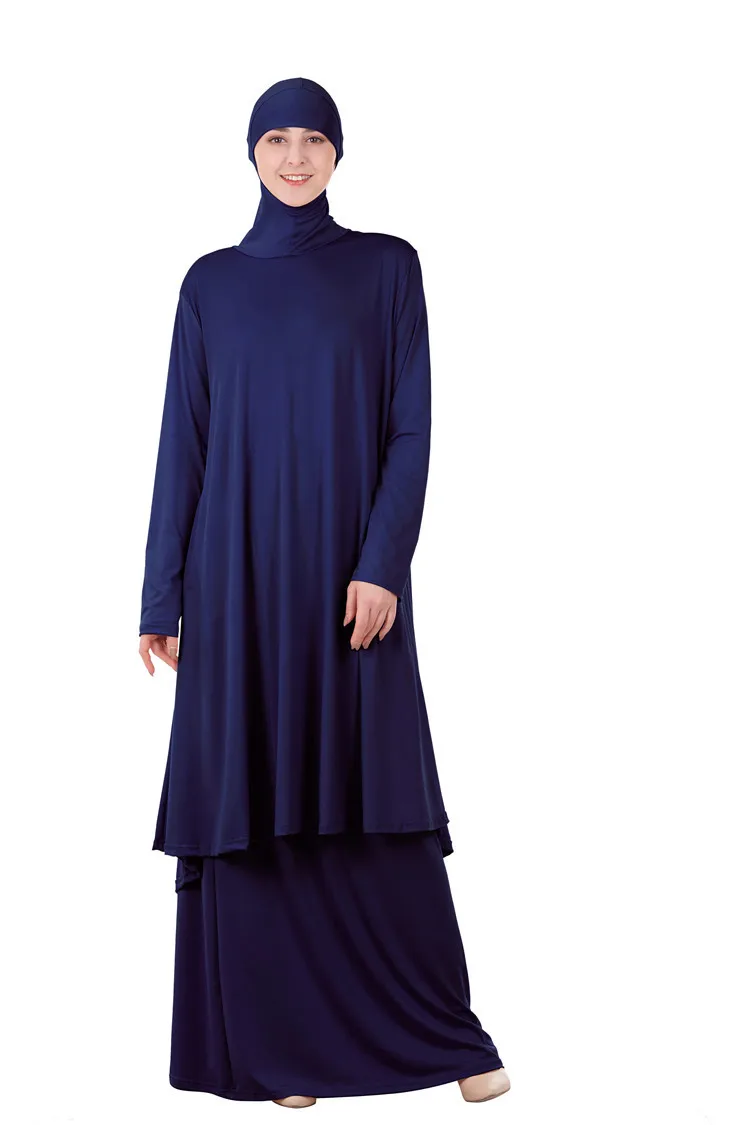 Мусульманские Женские топы с длинными рукавами и капюшоном, юбка, абайя, два предмета, платье макси, кафтан, джилбаб, мусульманская молитвенная одежда, Ближний Восток, Рамадан - Цвет: DarkBlue