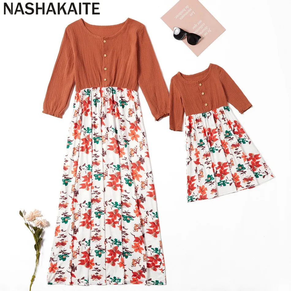 NASHAKAITE/платья для мамы и дочки; Сезон Зима; однотонные однобортные Платья с цветочным принтом; одежда для всей семьи