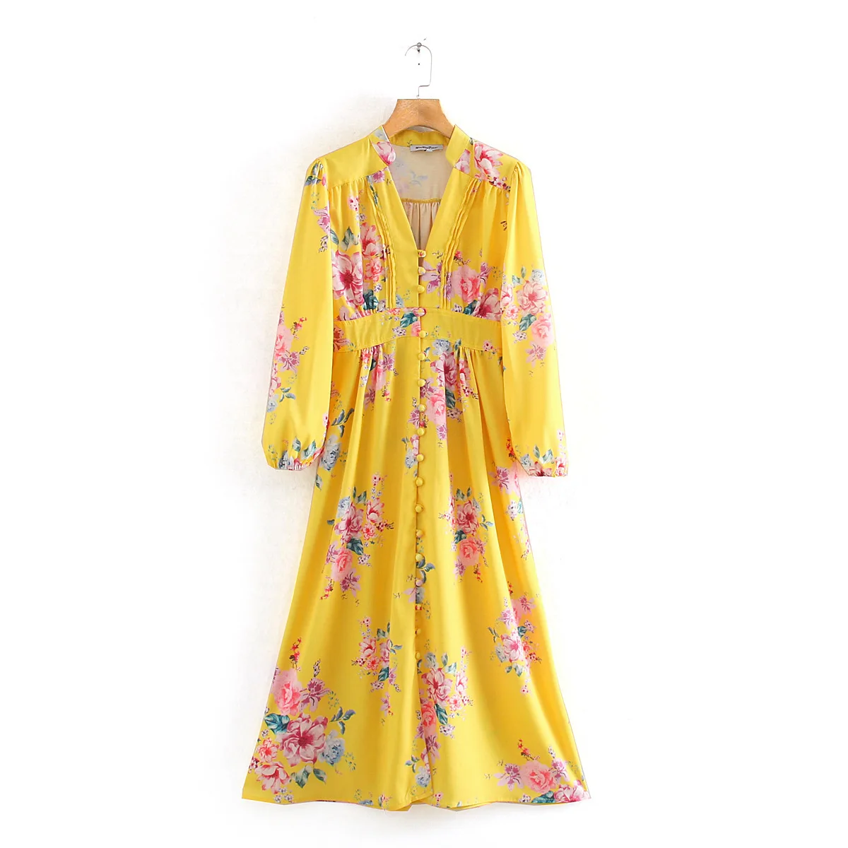 

Europe And America WOMEN'S Dress Europe Palace Style Yellow Printings Waist Hugging Long-sleeved Dress V-neck Long Sleeve Holida