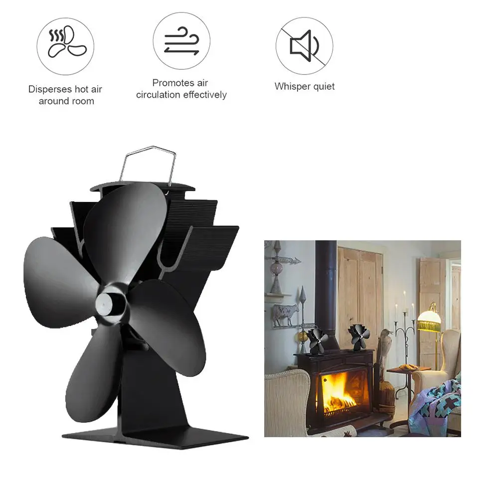 Black Fireplace 4 Blade Hot Power Heat Furnace Fireplace Fan Heating Fan Heat Powered Stove Fan Home Efficient Heat Distribution