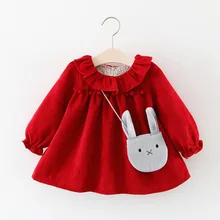 Рождественское платье для маленьких девочек; праздничная одежда для дня рождения; Красная Зимняя одежда; вельветовое платье+ сумка с кроликом; плотная теплая одежда для малышей