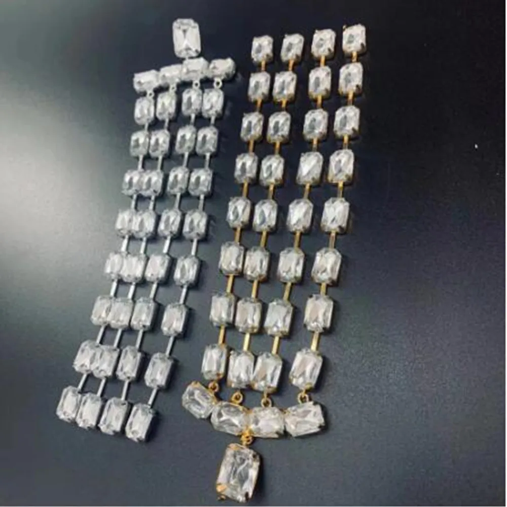 INS Colorful Rhinestone Long Tassel Square Pendant Hanging Earrings for Women Bling Crystal Geometric Big Drop Dangle Earrings