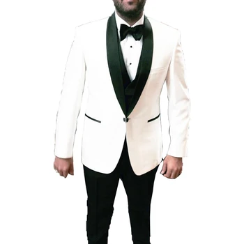 

White Mens Suits with Pants Wedding Suits Groom Tuxedo 3 Pieces Jacket+Pants+Vest Black Shawl Lapel Groomsmen Suits for Party