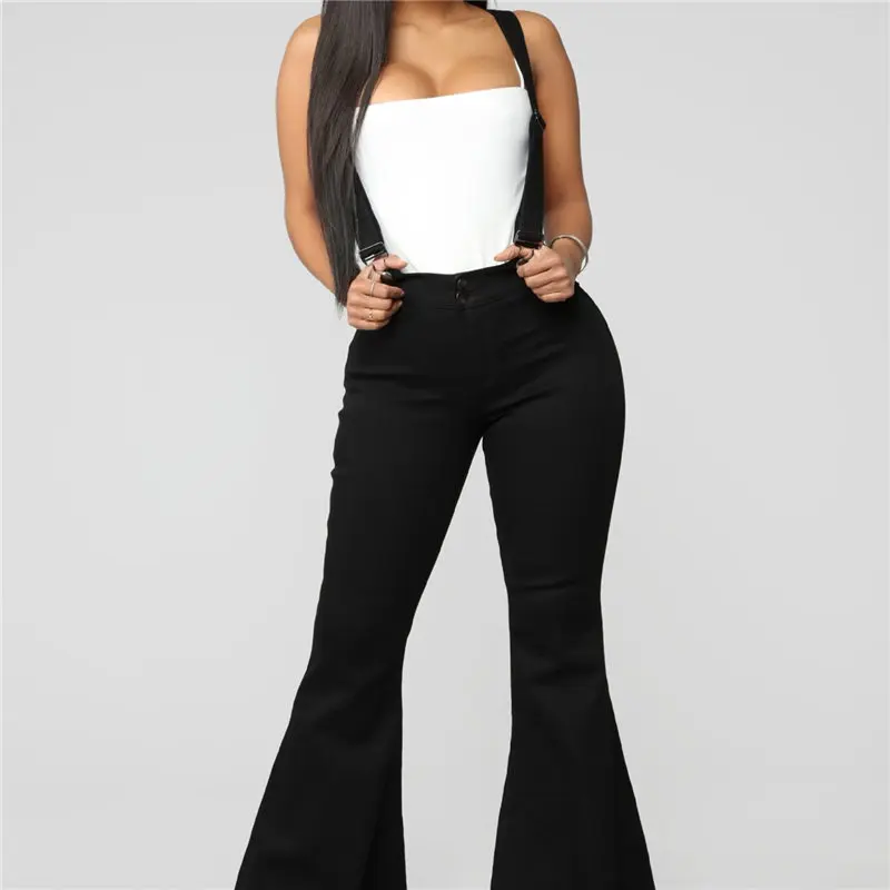 Women's Denim Bell-bottoms Solid Color with Buttons Suspender Overalls Spring Autumn High Street Sexy Jeans Flares Trousers