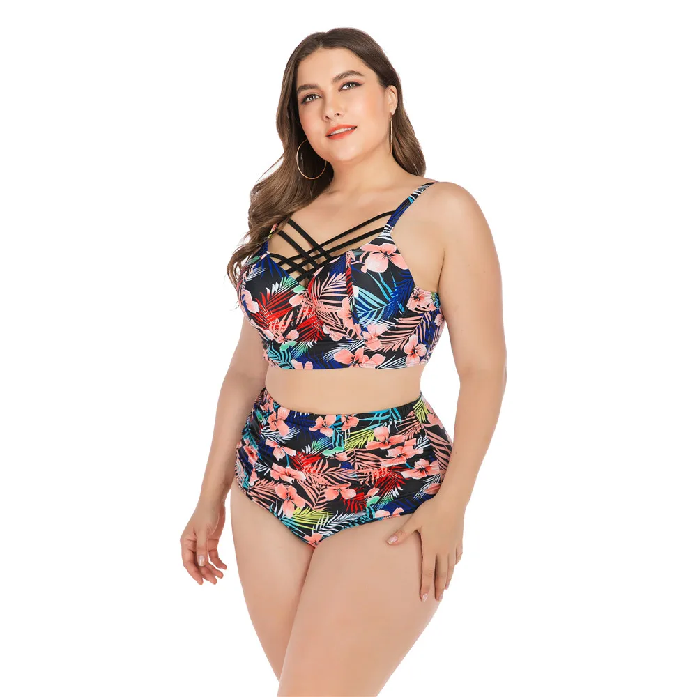 2020 Plus Size Swimsuit for Big Cup Women High Waist Bikini Push Up Swimming Costume Two-piece Swimwear Print Swim Bathing Suit