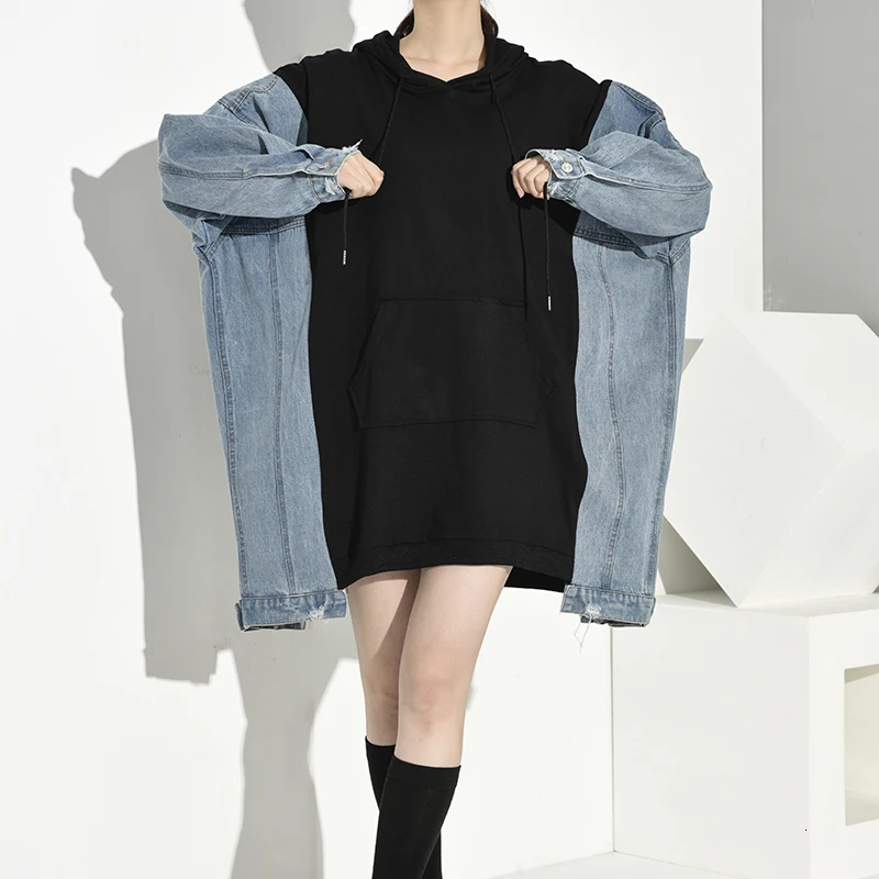 [EAM] Loose Fit Denim Split Oversized Long Sweatshirt New Hooded Long Sleeve Women Big Size Fashion Autumn Winter 1D5330