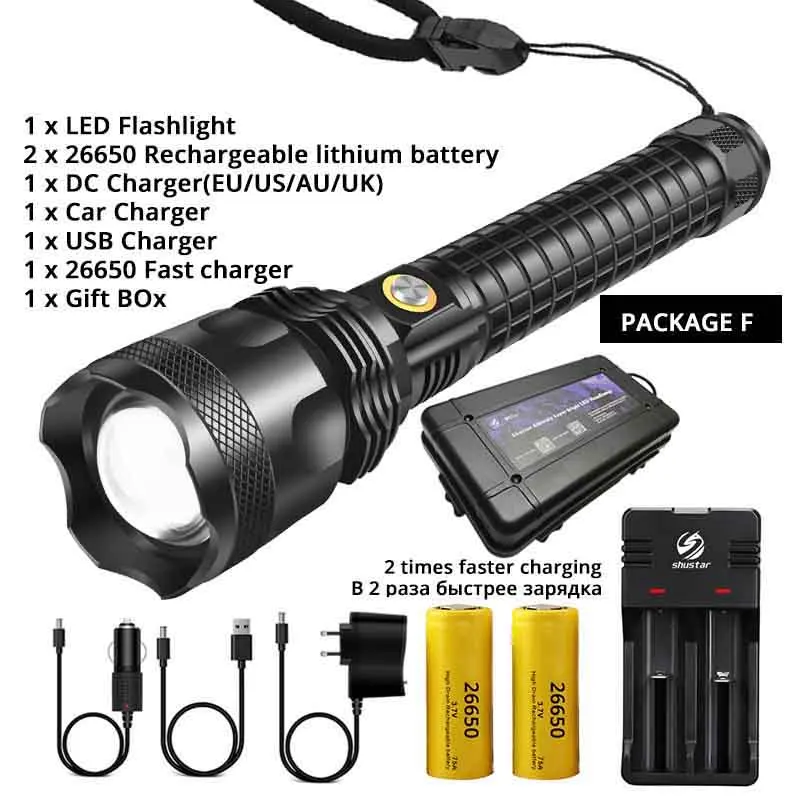 Package F S113 Powerful LED Flashlight With XHP70.2 Lamp beads Tactical waterproof LED Torch Telescopic zoom 3 lighting modes By 26650 - Испускаемый цвет: Package F