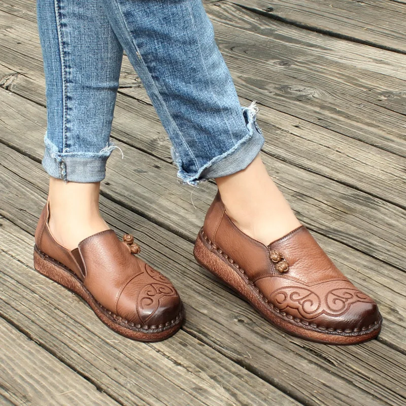 

Nation Style Totems Female Shoes Genuine Leather Handmade Casual Slip On Platform Loafers Soft Soled Women Flats Round Head