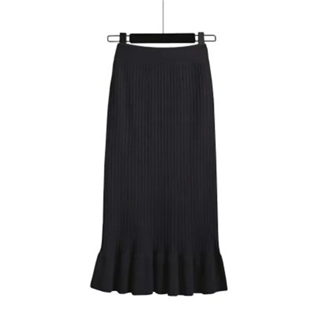 black 70cm Женская юбка, трикотажная, высокая талия, плиссированная, для девушек, юбки, одноцветная, эластичная, Русалочка, Вязанная, в рубчик, Осень-зима, для женщин, низ, два типа - Цвет: black 70cm