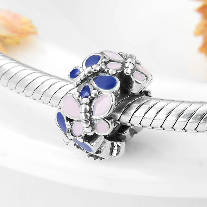 Подходит к оригиналу Pandora, браслет с шармами модное бело-розовые эмалевые бабочки бисер реальные 925 пробы серебряные ювелирные бусинки для изготовления