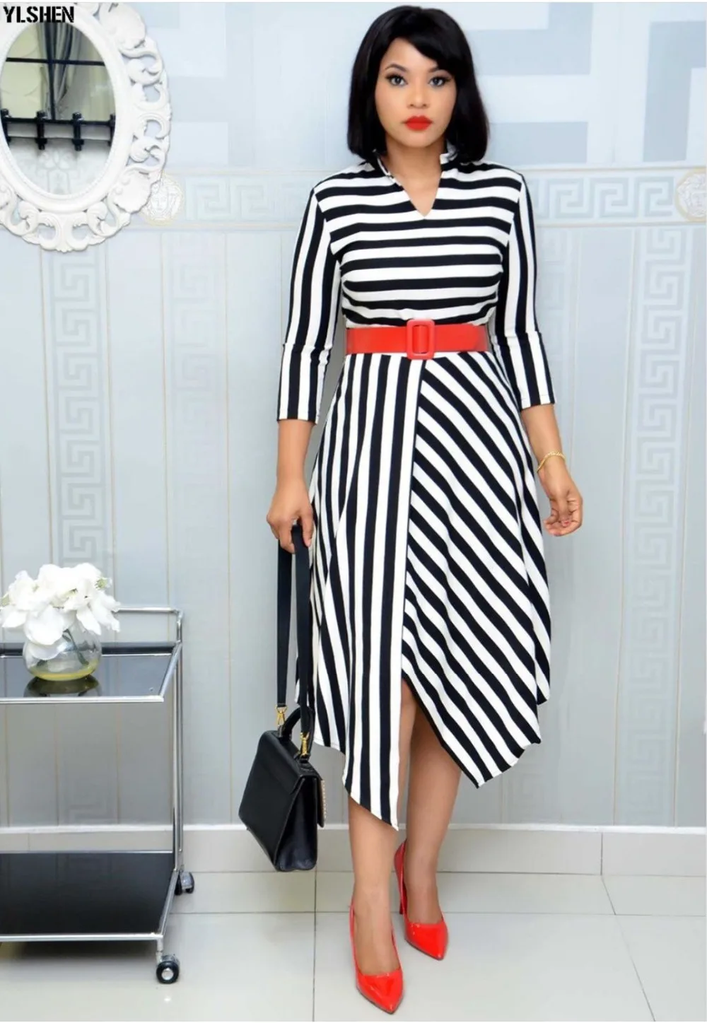 African Dresses For Women Stripe Africa Clothing Ankara Long Dress High Quality Length Fashion African Dress For Lady With Belt 33