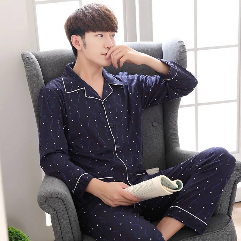 Новые корейские Pajammies мужские с длинным рукавом вязаный хлопок Весна и осень зима кардиган Молодежная Повседневная Домашняя одежда хлопковый комплект - Цвет: Черный