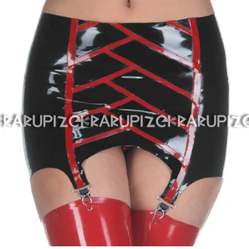 Black And Red Sexy Rubber Latex Skirt Suspenders Cross Trims At Front With Garters SEX-0056