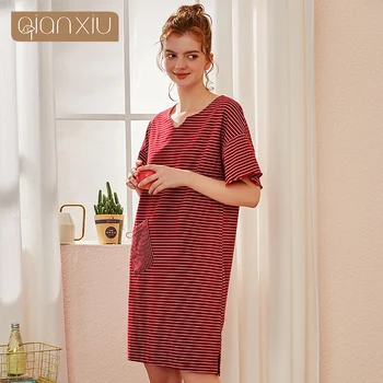 

Women's cotton short-sleeved skirt shallow rest summer women's simple style striped home service set cotton pajamas 246