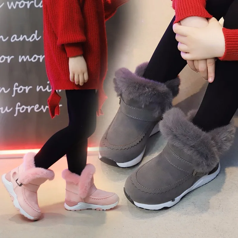 Thick Winter Boots for Girls Top quality Rabbit Hair Kids Snow Boots Boys Black Pink Gray Student Shoes Kids Sneaker C09301
