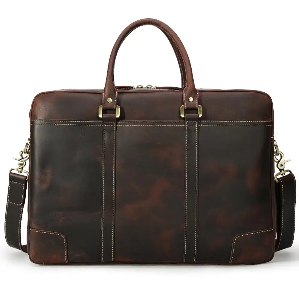 Tiding Men's Crazy Horse Leather Briefcase Cross-section Business Laptop Case1439