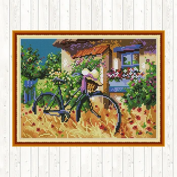

Bicycle Scenic Painting Cross Stitch Fabric Aida 14ct 11ct Counted Printed on Canvas Embroidery Kit DMC DIY Handmade Needlework