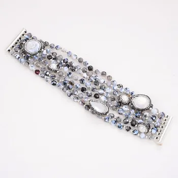 

GG Jewelry 8'' 7Strands White Coin Pearl Round Gray Agate Gems Stone Bracelet