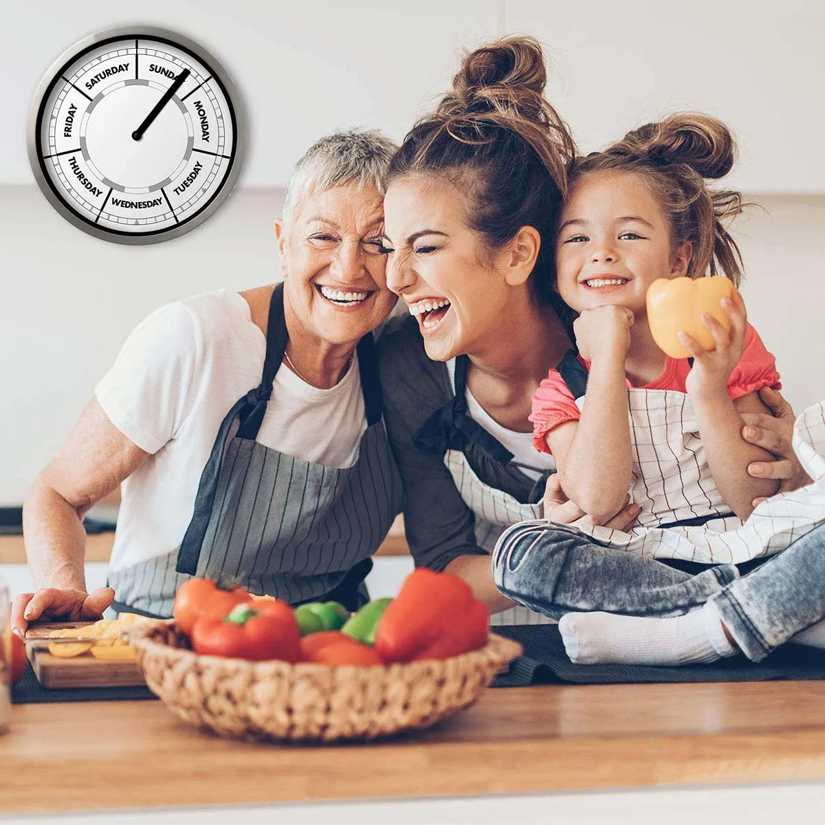 Classic Day-of-The-Week Wall Clock with Solid Aluminum-Round Frame – Weekly Clock with Noon & Midnight Markers – Quiet - 3