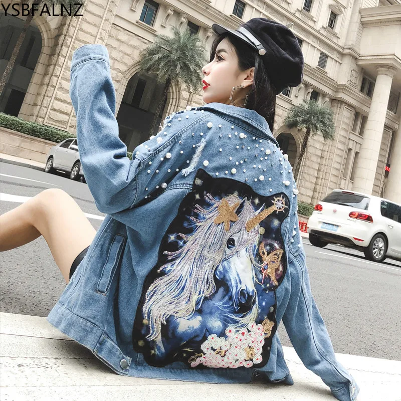 

Women Unicorn Denim Jacket Punctured Pearl Patch Jackets By Delle Donne Buco Strappo Paillettes Long Sleeve Jean Cappotto Autumn