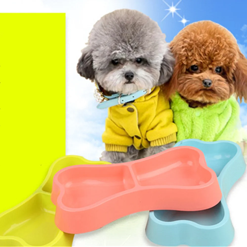 

Plastic Dog Bowls Bone Shaped Candy Color Dogs Feeder Double-head Bowls Pets Travel Feeding Food Bowl Cats Tableware