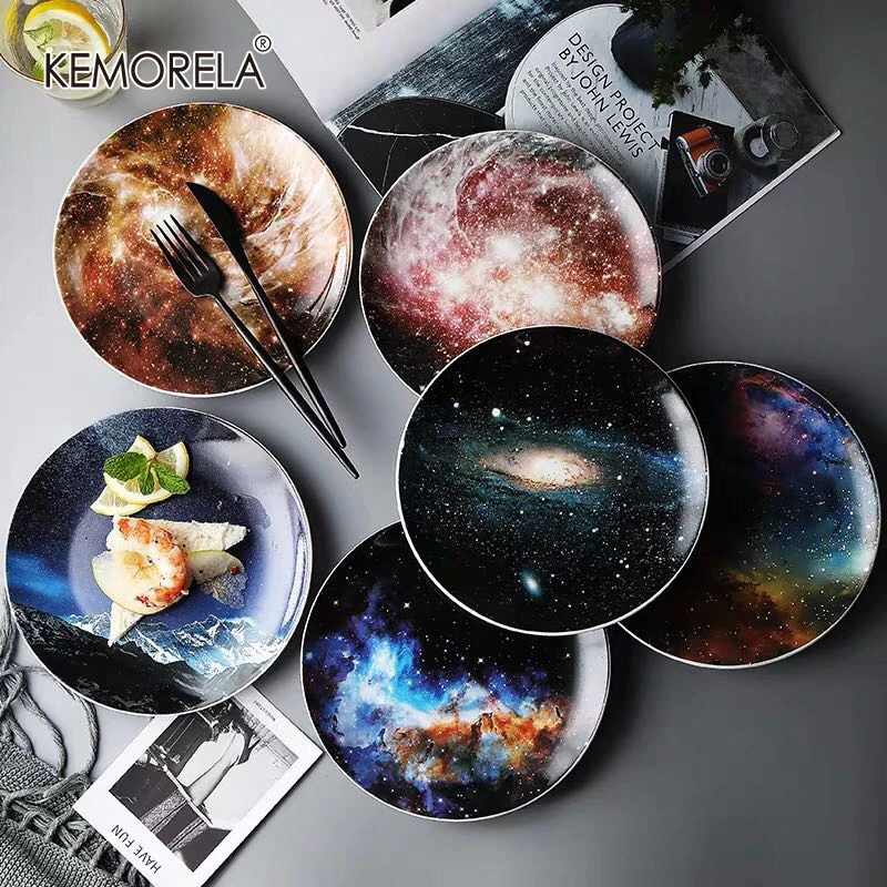 Ceramic Dessert Plates 8 inch Starry Universe Landscape Plate Set Ceramic Dishes Dessert Steak Bread Dinner Plates Kitchen Decor