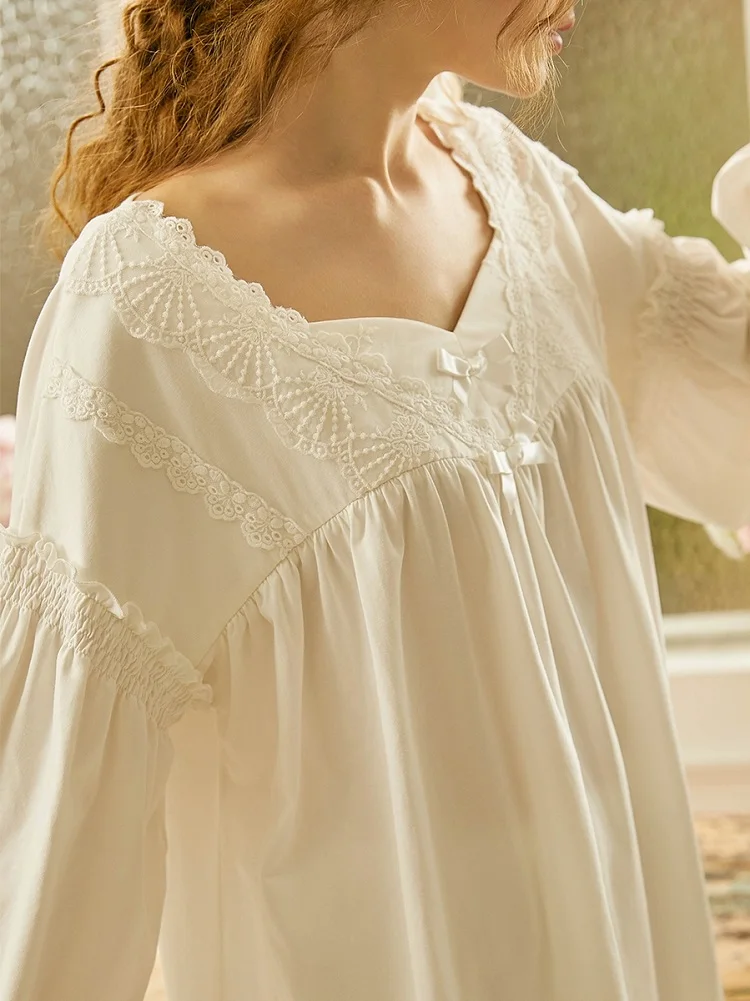 Модные белые мягкие хлопковые женские пижамные комплекты с длинными рукавами Розовая/белая кружевная ночная рубашка в винтажном стиле милые ночные рубашки домашняя одежда