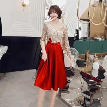 

Sequins Female Elegant Bride Wedding Dress Red Half Sleeve Robe De Soiree Qiapo Bowknot Perspective V-neck Short Cheongsam