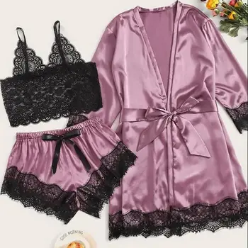 

3pc Women Pajamas Set Sexy Lace Bralette Striped Bathrobe Nightwear Sleepwear Suits Satin Pajamas Women Pijama Mujer