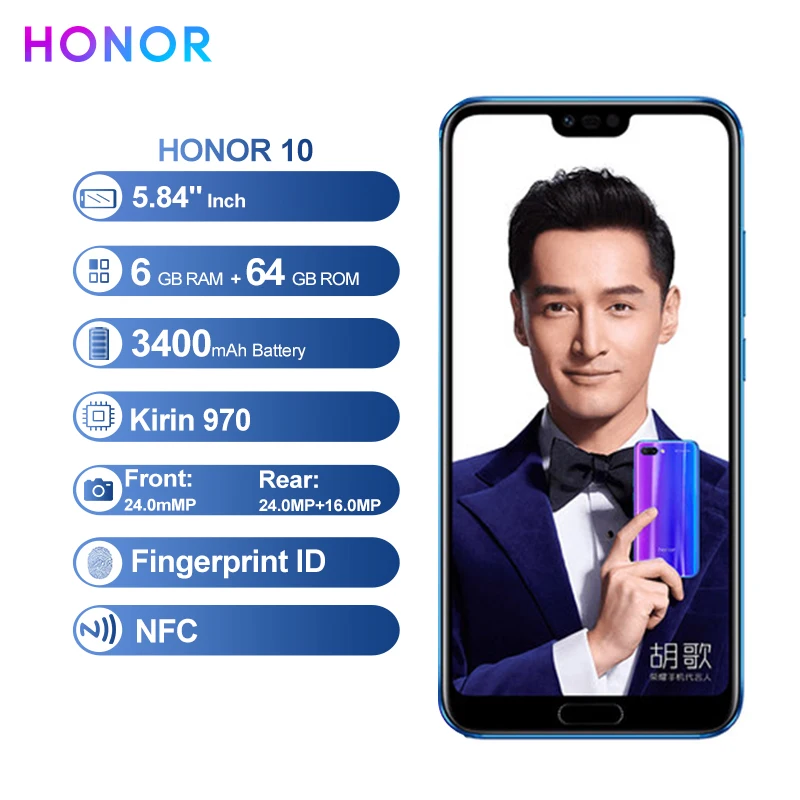 Huawei Honor 10 Мобильный телефон 5,84 дюймов 19:9 полноэкранный процессор Kirin 970 AI 3 камеры Face ID NFC Android 8,1