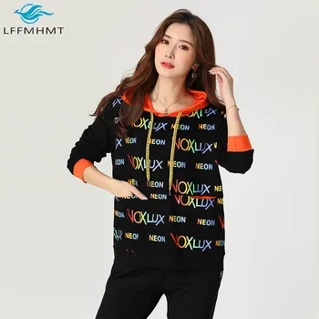 

Women Autumn Fashion Korean Style Print Large Size 100KG Loose Sweatshirt Office Lady Long Sleeve Plus Size Hooded Pullover Tops