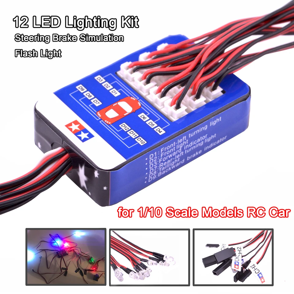 Simulation Flash Licht 12 LED Beleuchtung Kit Lenkung Bremse für 1/10 Skala  Modelle RC Auto Yokomo Tamiya HSP HPI AXIAL RC4WD TRX