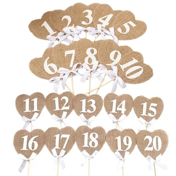 

20pcs Wedding Table Number Cards Heart Shaped Burlap Reception Seating Signs for Wedding Party DIY Crafts Decoration Number 1-20