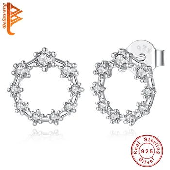 

BELAWANG 100% 925 Sterling Silver Round Circle Simple Stud Earrings for Women Engagement Wedding Jewelry