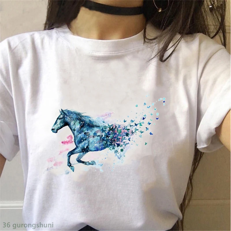 Graphic t-shirt ladies tops watercolor horse t-shirt goat kawaii Harajuku women t-shirt summer white retro tees female clothes