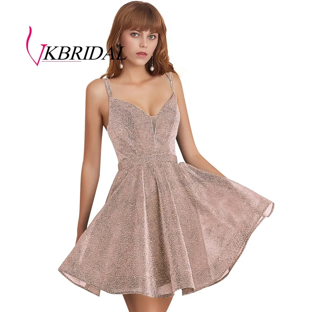 nude VKBRIDAL сексуальные короткие платья для выпускного вечера с глубоким v-образным вырезом Новое поступление блестящая ткань вечерние платья для выпускного вечера - Цвет: nude