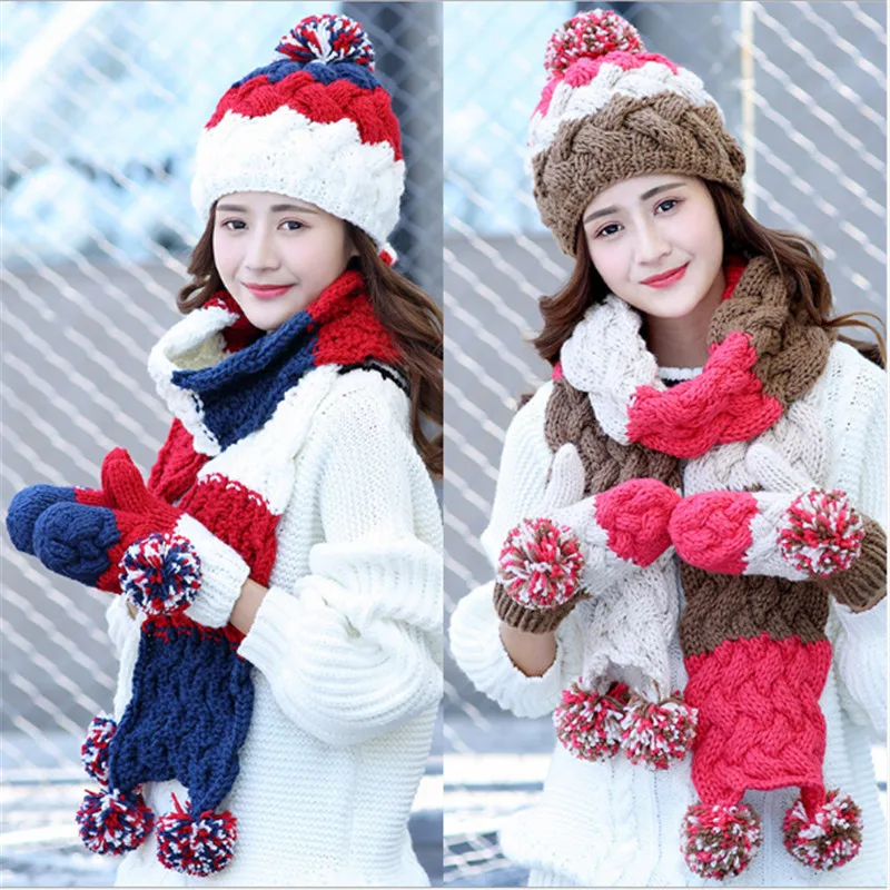 Модная женская зимняя одежда, аксессуары, теплый зимний костюм, шарф шляпа перчатки, комплект для девочек, зимняя плюшевая вязаная шапка