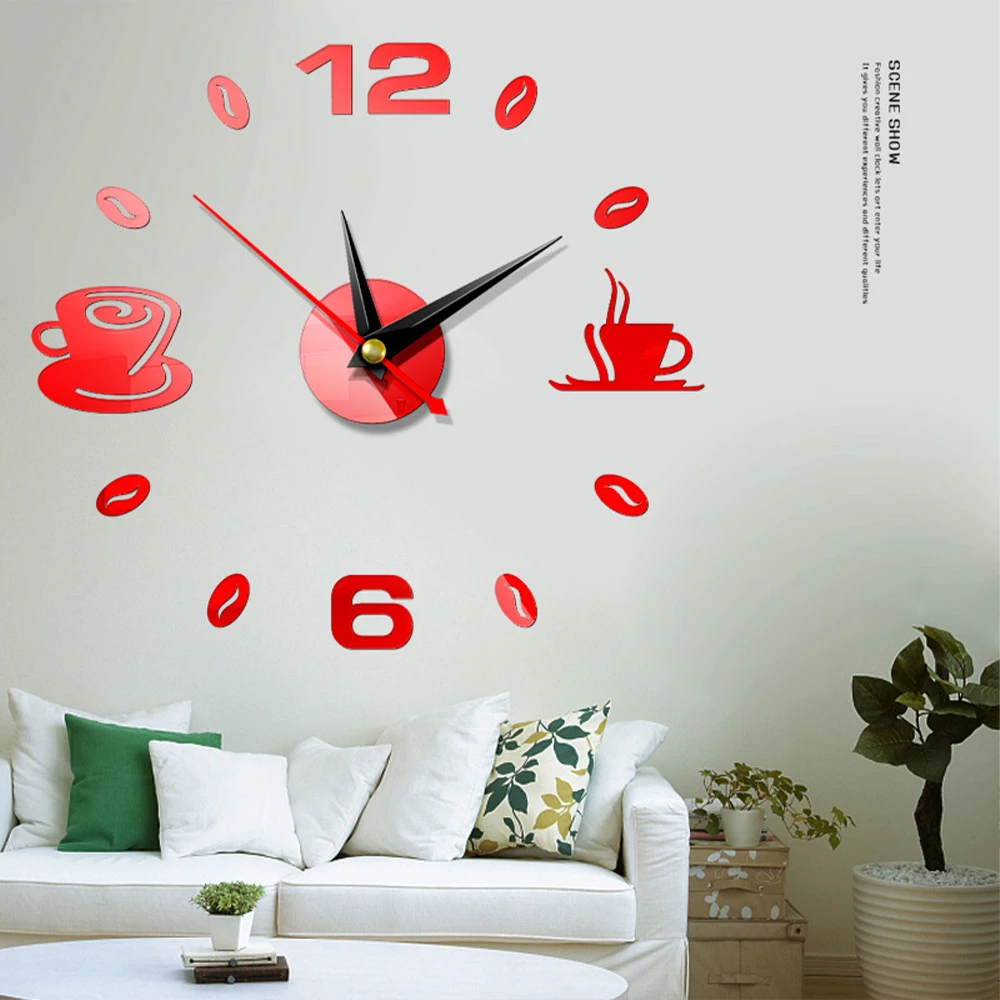 Acrylic Mirror Sticker DIY 3D Number Wall Clock Home Self Adhesive Waterproof Art Design DIY Coffee Cups Decor Office Decor