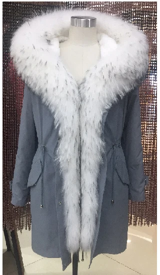 Женская зимняя парка, пальто, куртка, Воротник из лисы и енота, съемная подкладка из меха кролика, Классическая, 93 см длина, качественная ткань 9-19805 - Цвет: gray blue NL9 D15