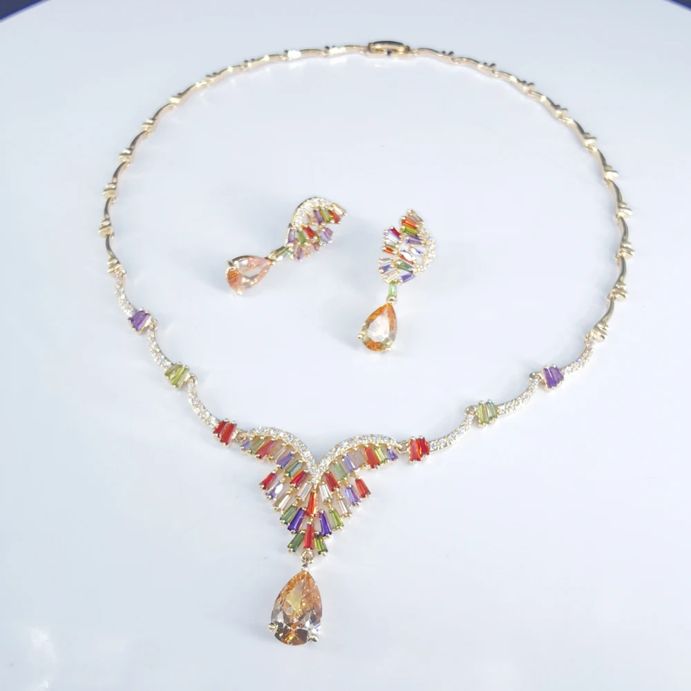 

2023 new fashion champagne colorful CZ zircon golden necklace earrings,wedding bride dinner party dress jewelry free shipping