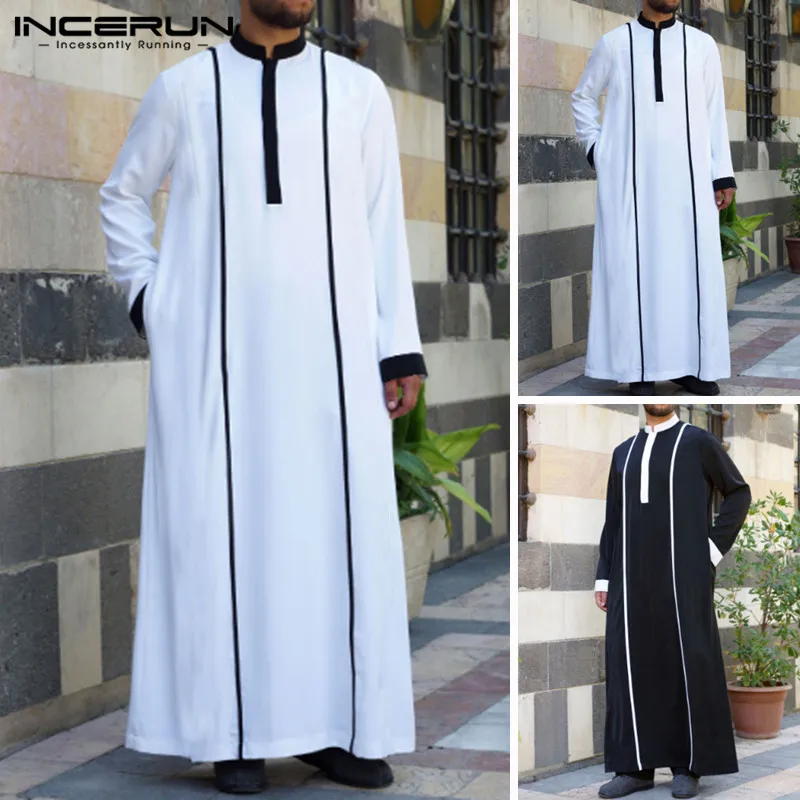 

INCERUN Muslim Arabic Islamic Kaftan Men Patchwork Long Sleeve Vintage Robes Abaya Saudi Arabia Middle East Men Jubba Thobe 2019