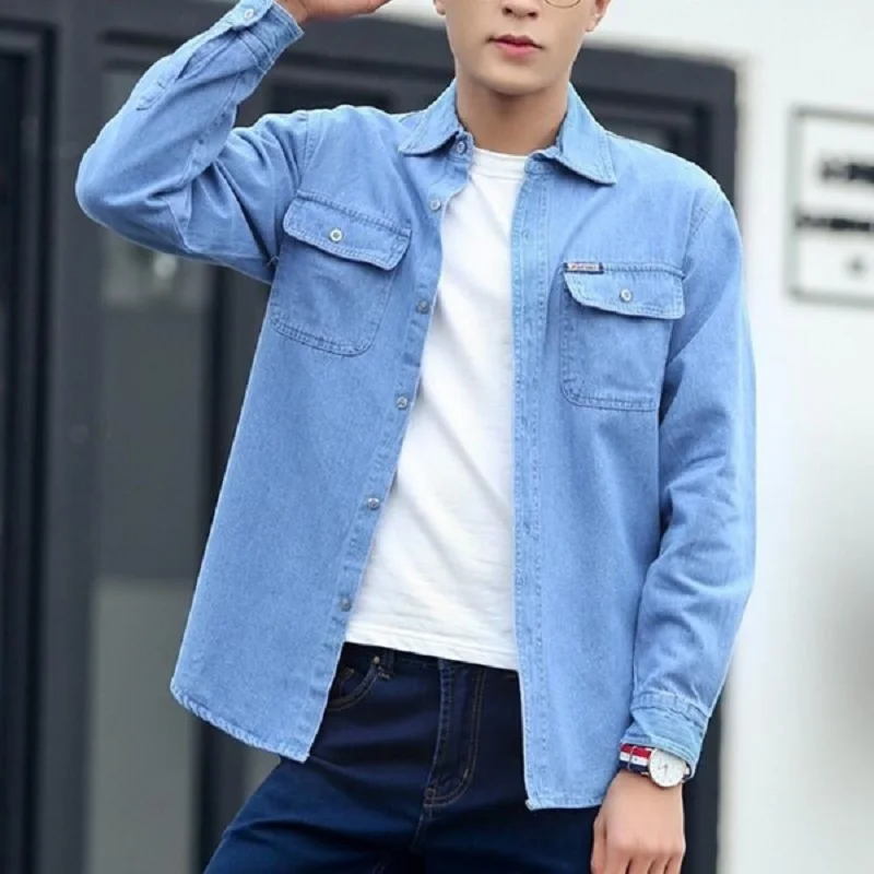 

Spring Autumn Denim Shirt Men Long Sleeve Blue Sunscreen Work Clothes Plus Size 4XL High Quality Fashion Cotton Shirt