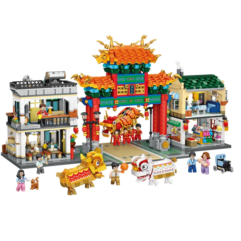 New LOZ MINI blocks Chinese Traditional Culture Spring Festival/New Year's  Eve dinner/education/Dragon Lion Dance /chinatown1034