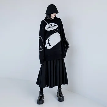 

Autumn Winter Harajuku Eye Knitting Batwing Sleeve Sweater Long Women Tide Printed Sweater Loose Boyfriend Pullovers SA163S30