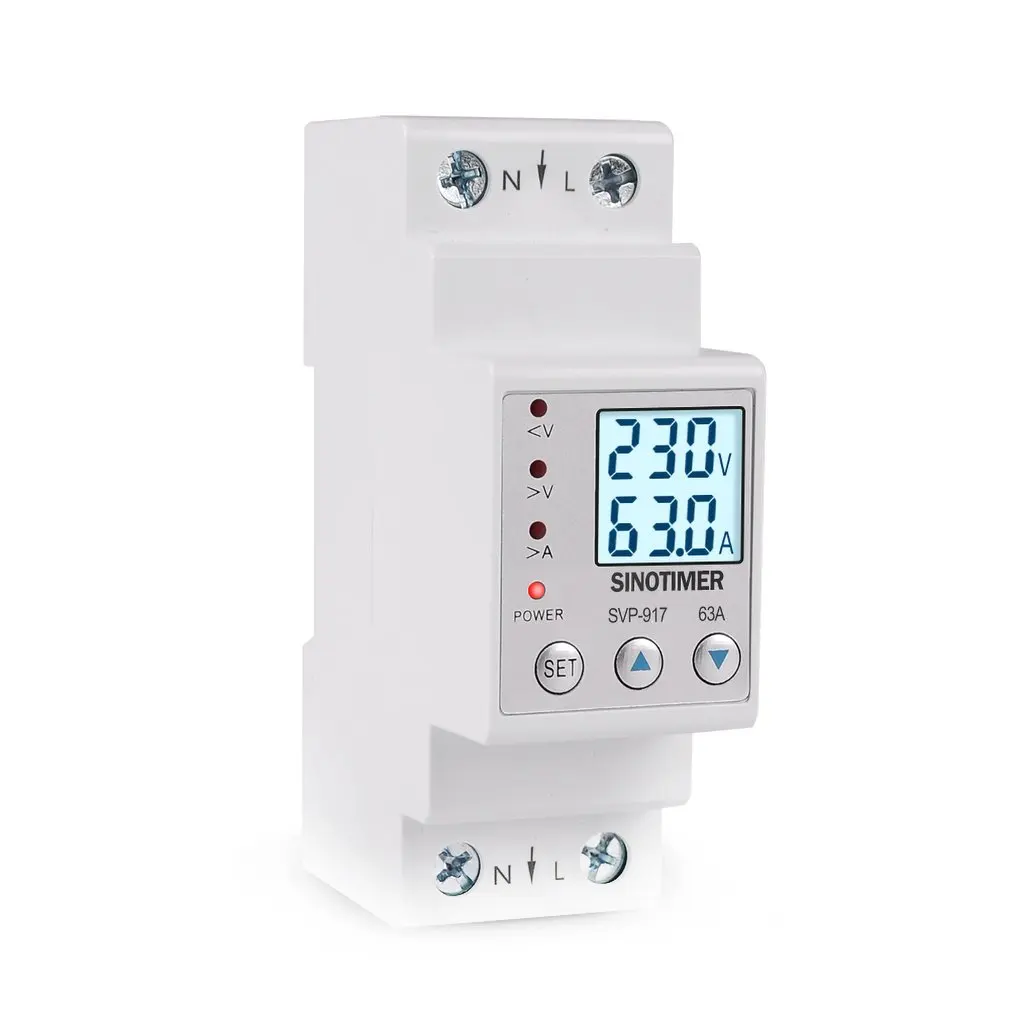 SINOTIMER 63A 80A Din Rail Adjustable Over Under Voltage Protective Device Current Limit Protection Voltmeter Ammeter Kwh