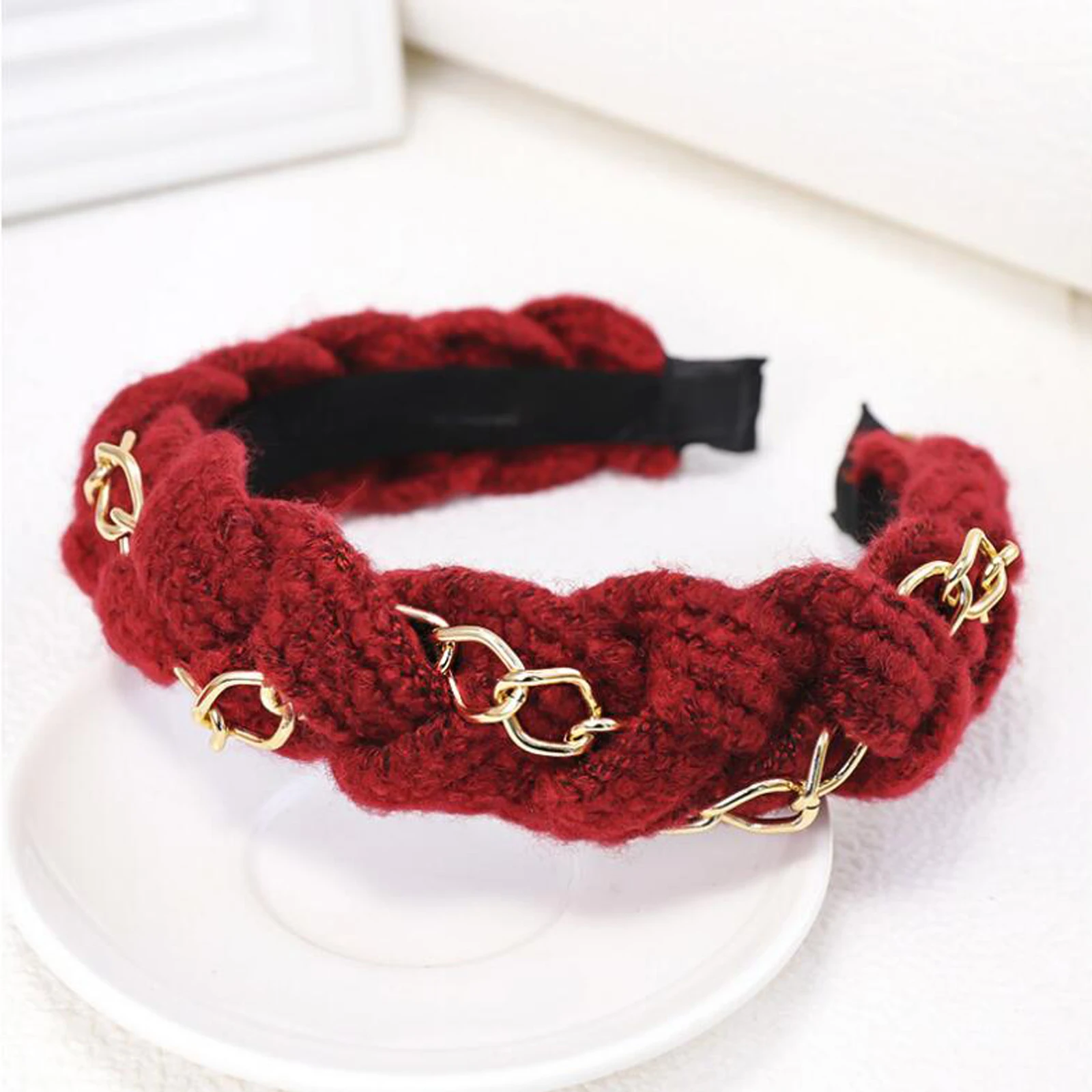 New Fashion Women Hair Accessories Turban Multi-layer Cross Knot Knitted Headwear Soft Alloy Chain Inlay Headband Adult