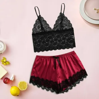 

Fashion Women Plus Size Satin Lace Nightwear V-neck Sleeveless Wireless Camisole Bowknot Shorts Set Pajamas Lingerie XL-4XL