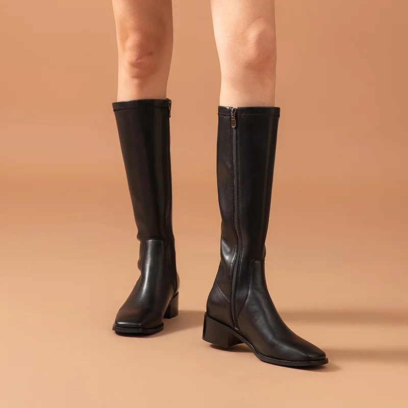 Beautoday Lange Laarzen Vrouwen Koe Lederen Pu Patchwork Laarzen Vierkante  Neus Kant Zip Winter Dames Dikke Hak Schoenen 01434 - AliExpress Schoenen
